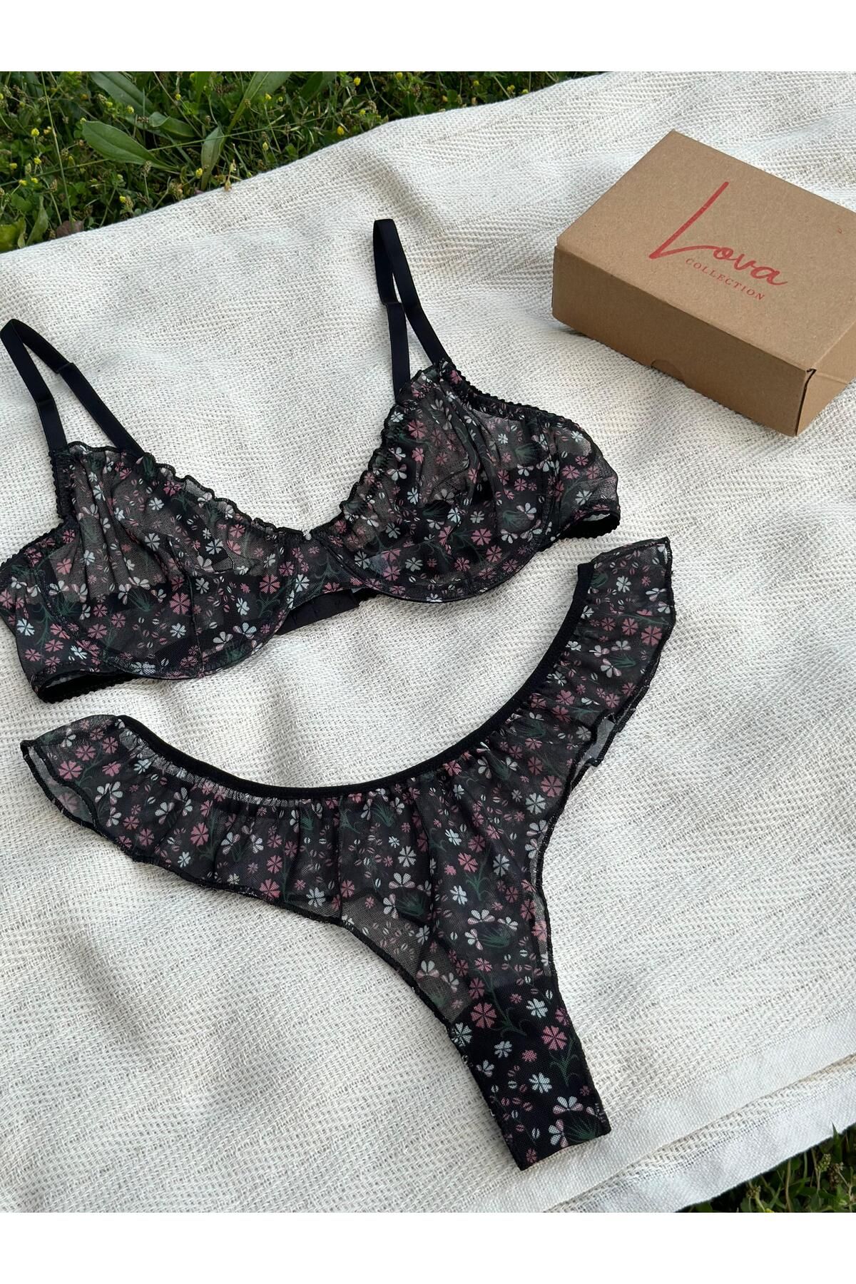 Lova Collection Lora Siyah Çiçekli Balenli Sütyen Takım