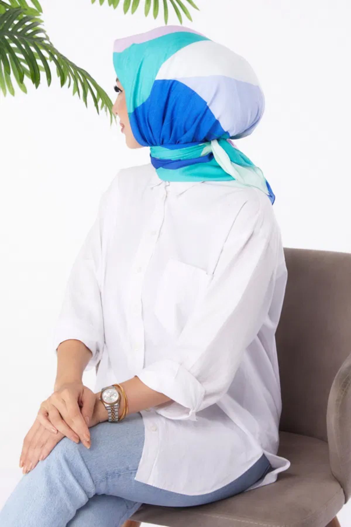 Butik Düz Orta Kadın Mavi Desenli Eşarp
