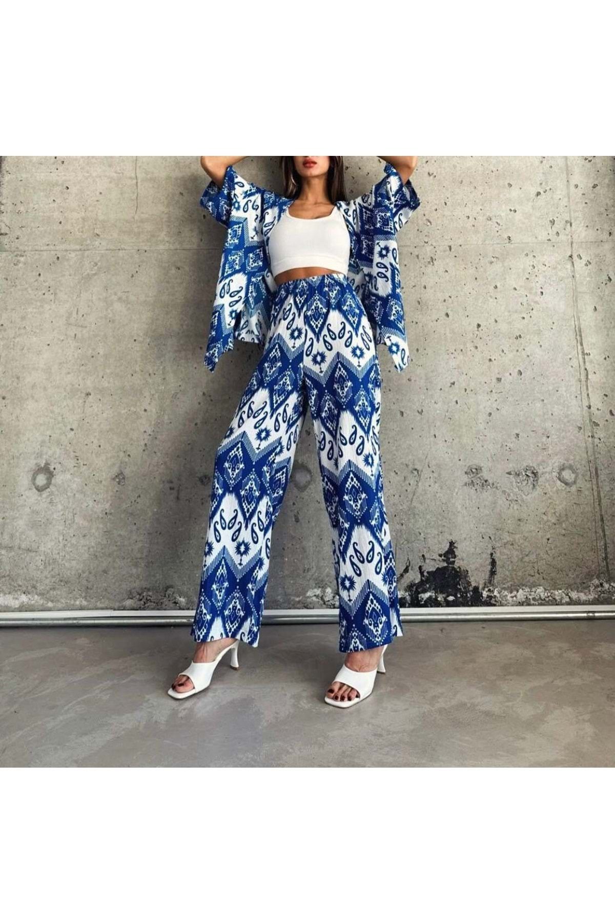 Butik GENİŞ PAÇA BUTİK İKİLİ KİMONO TAKIM MAVİ