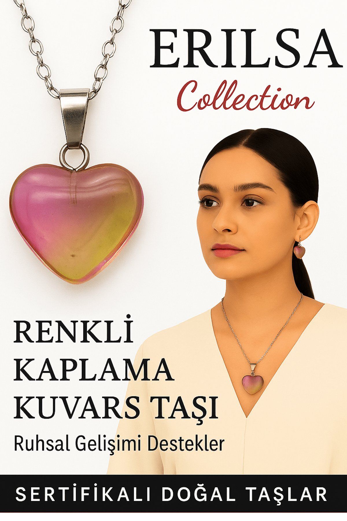 Erilsa Sertifikalı Renkli Kaplama Kuvars Taşı Kolye (Pembe Sarı) – Şefkat, Neşe ve Ruhsal Canlanma Taşı