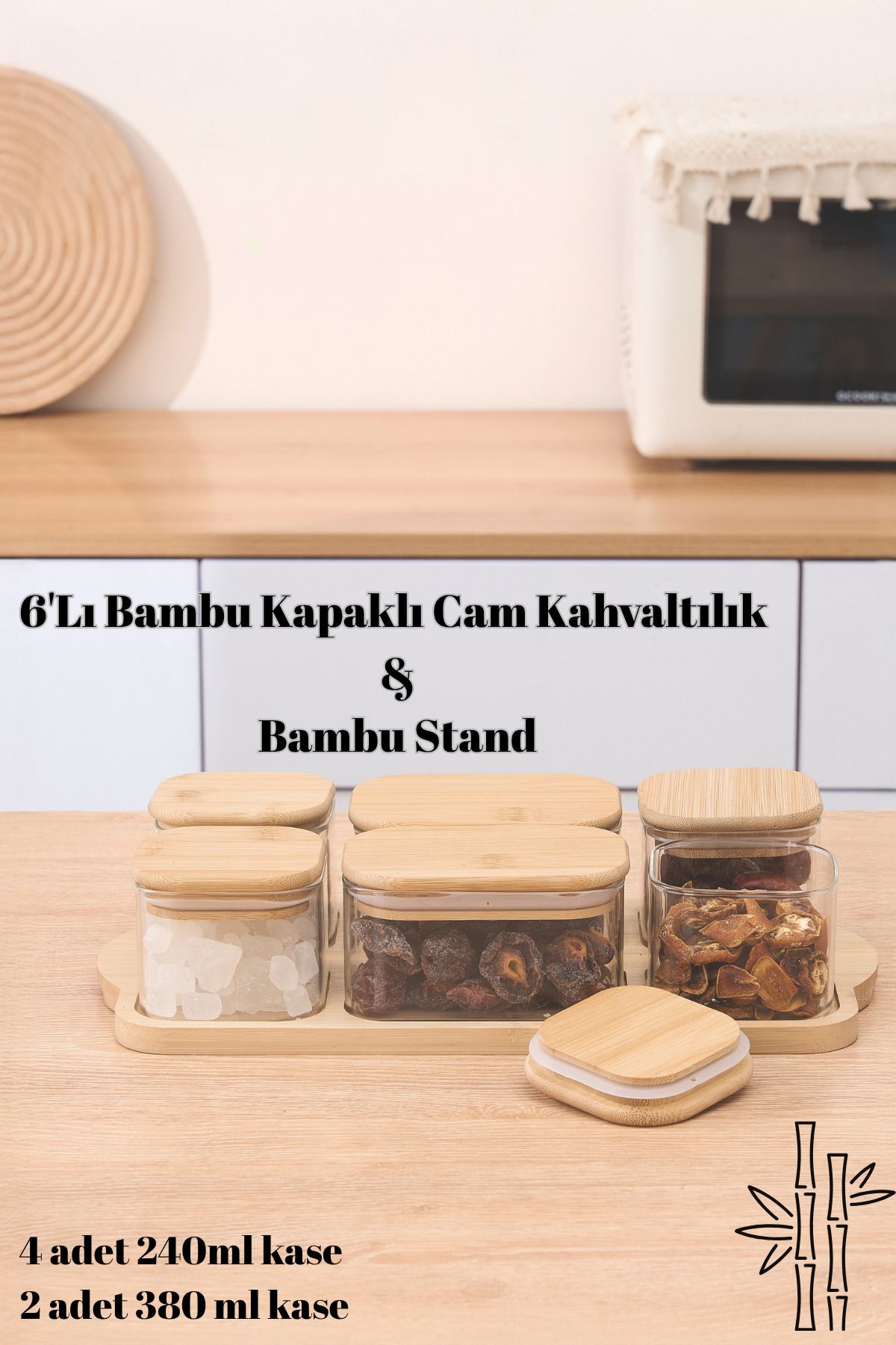 welcomein 6'lı Bambu Vakumlu Kapaklı Standlı Borosilikat Cam Kahvaltılık Seti