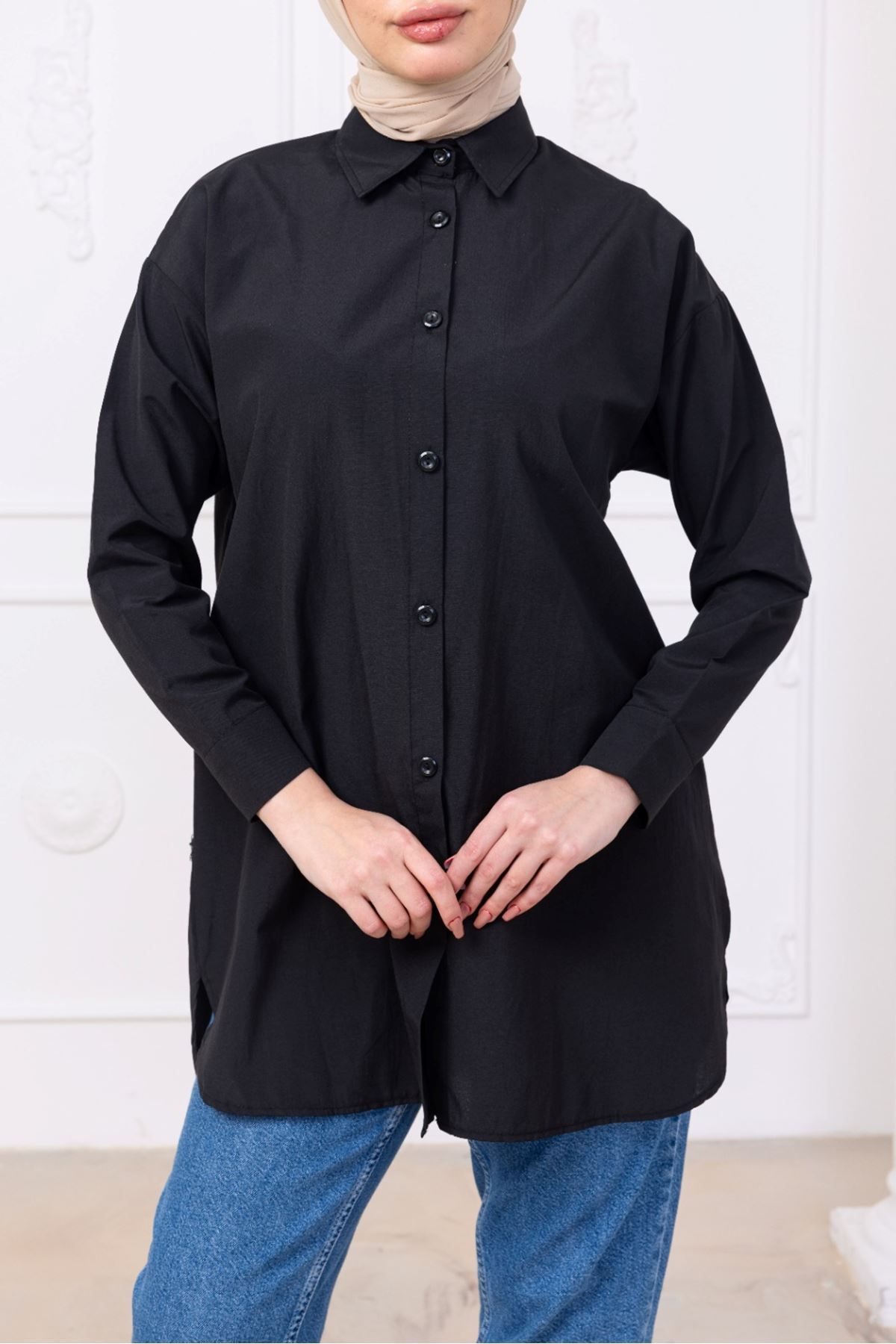 katalya Oversize Uzun Basic Gömlek - Siyah