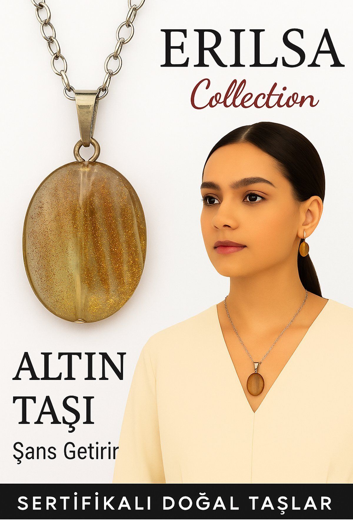 Erilsa Sertifikalı Oval Model Altın Taşı Kolye (Gold Stone) – Işıltılı Enerji, Cesaret ve Hedef Odaklılık