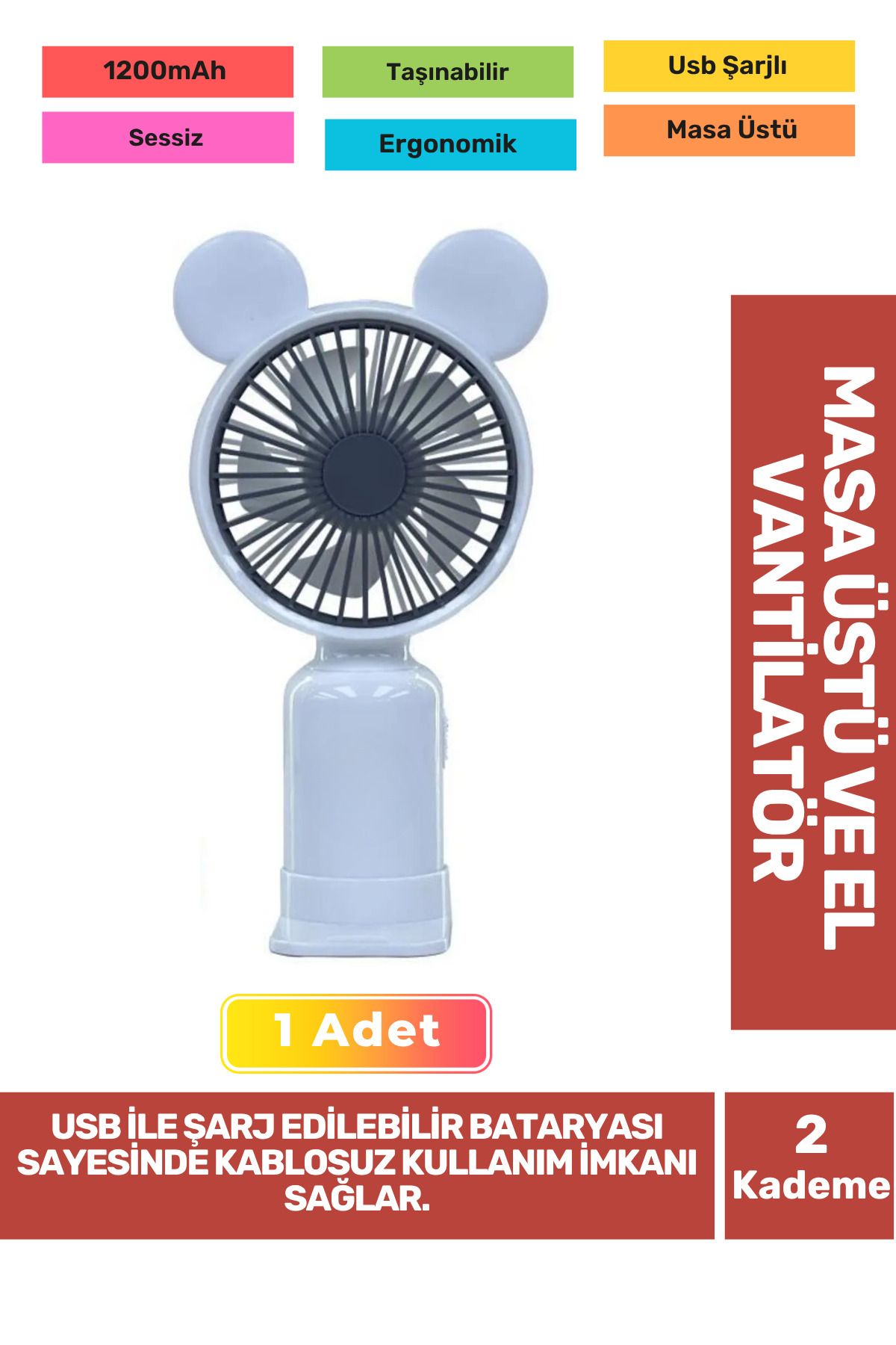 Fantazer 2 Kademeli Ultra Sessiz Hafif Kablosuz 1200mAh Pervaneli Taşınabilir Usb Şarj Masa El Fan Vantilatör