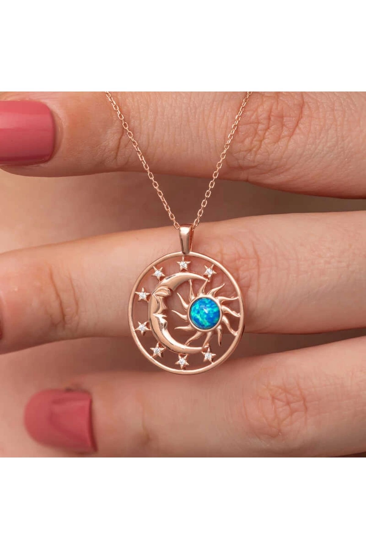 minaydan Gümüş Rose Opal Mavi Taşlı Ay Güneş Kadın Kolye