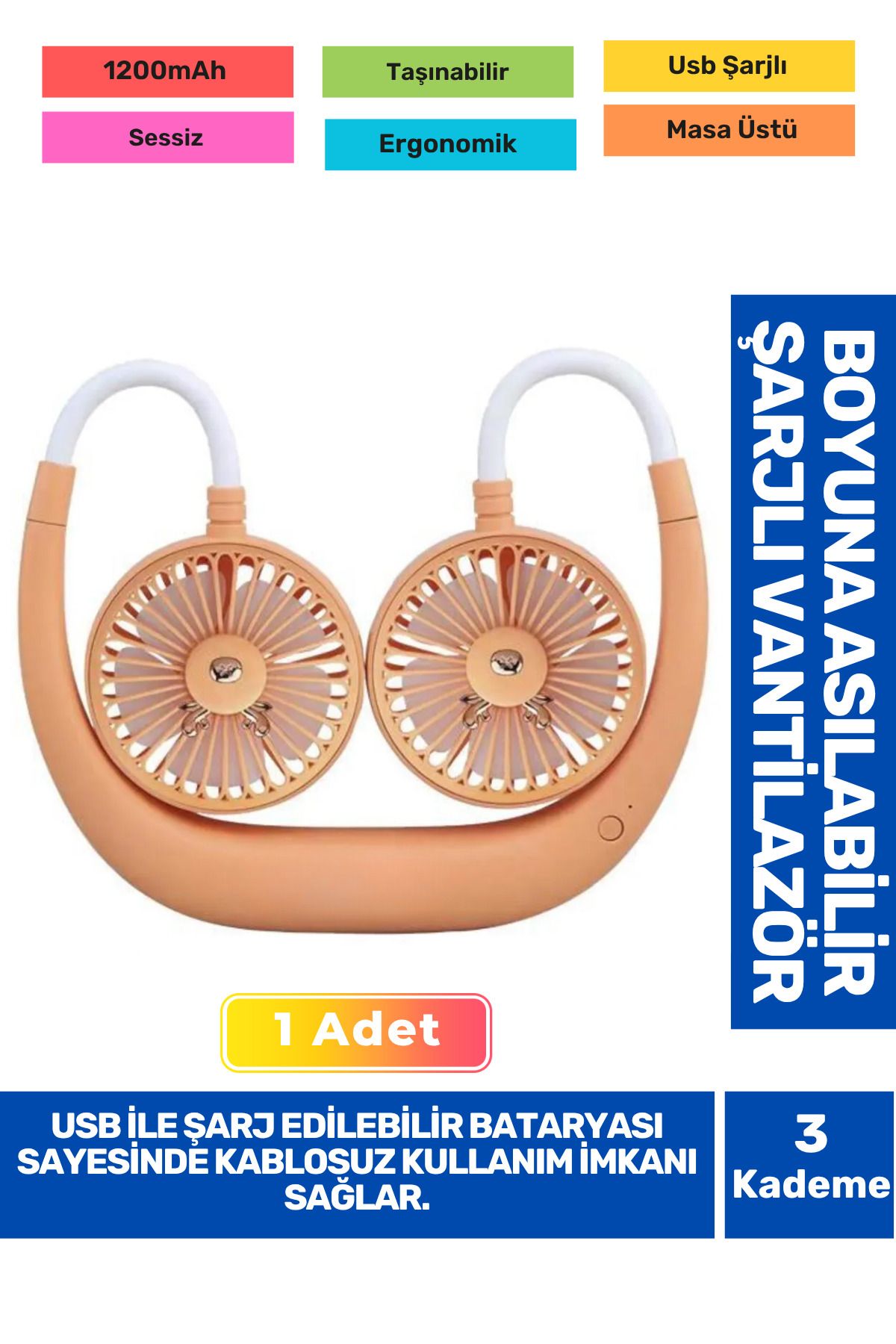 Fantazer 3 Kademeli Ultra Sessiz Sarı Eller Serbest Boyuna Asılabilir Şarjlı Klima Soğutucu Fan Vantilatör