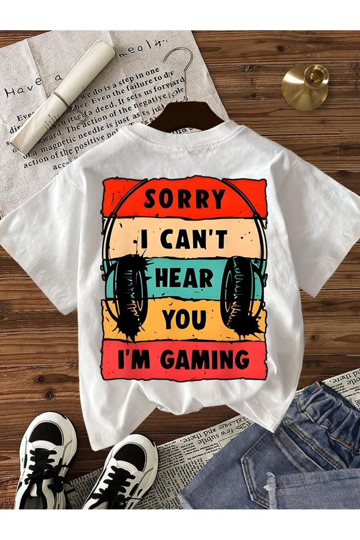ELNOYA Unisex Pamuklu Beyaz Oversize "Sorry I Cant Hear You" Baskılı Rahat Günlük T-shirt