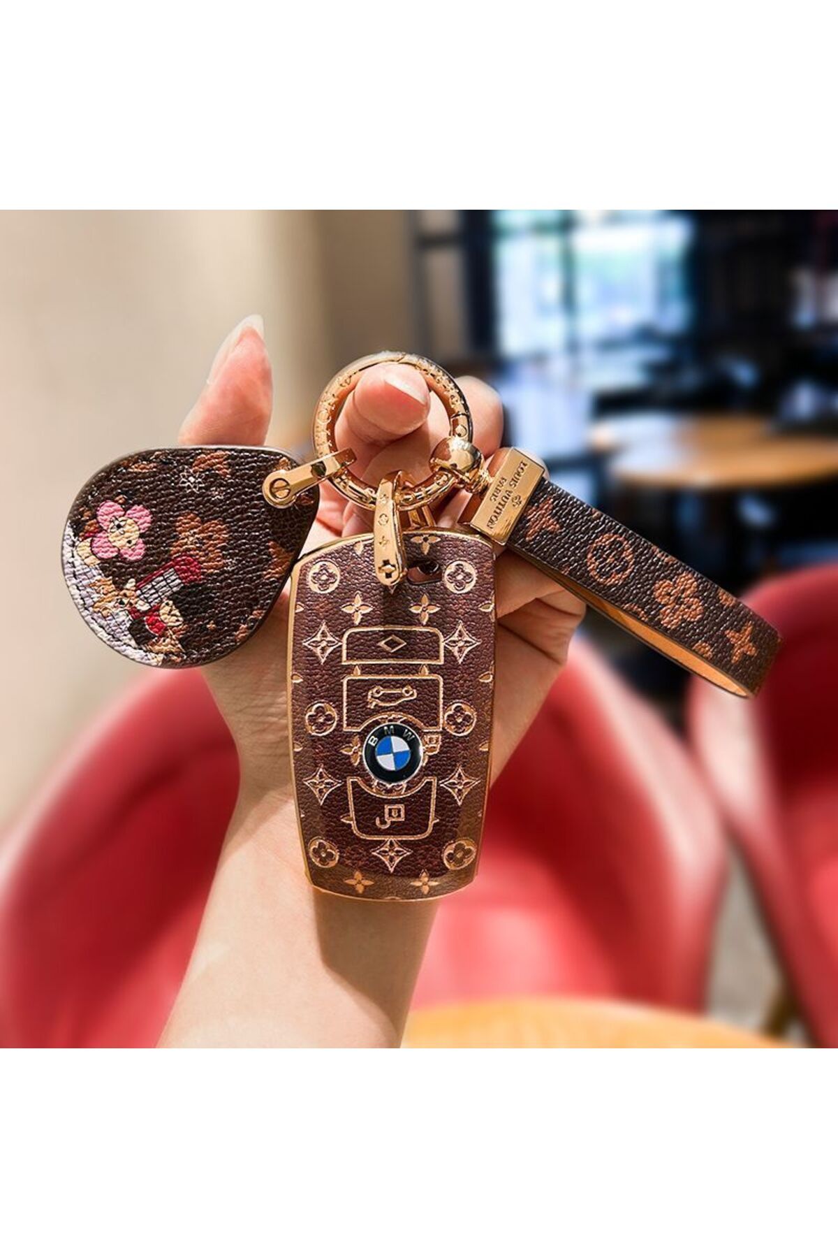 casehometr BMW ile uyumlu LV desenli Kahverengi anahtar kılıfı