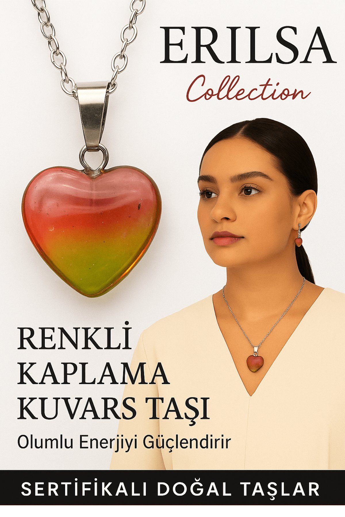 Erilsa Sertifikalı Renkli Kaplama Kuvars Taşı Kolye (Yeşil Kırmızı) – Enerji Canlandırıcı ve Ruhsal Koruma