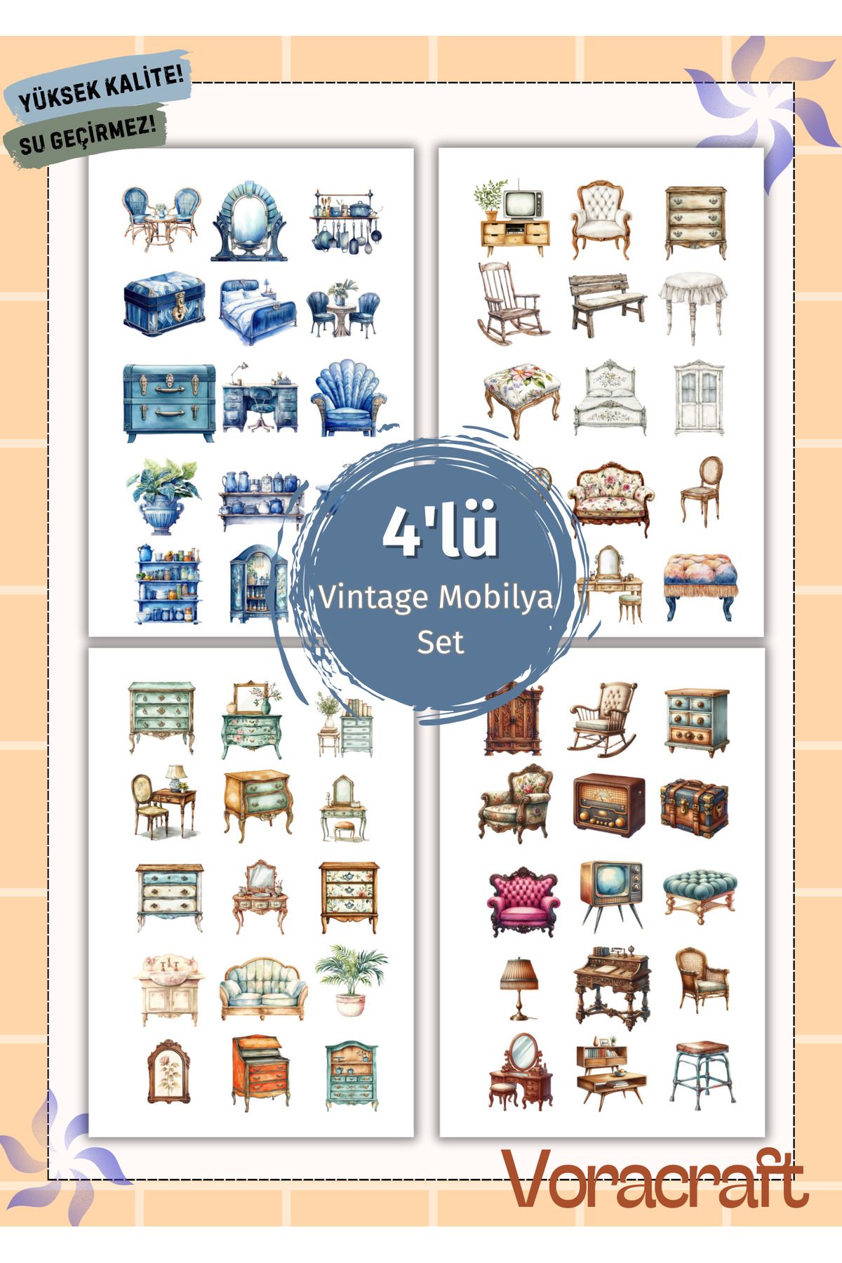 VORACRAFT 4'lü Vintage Mobilya Sticker Set Ajanda Bullet Journal Set
