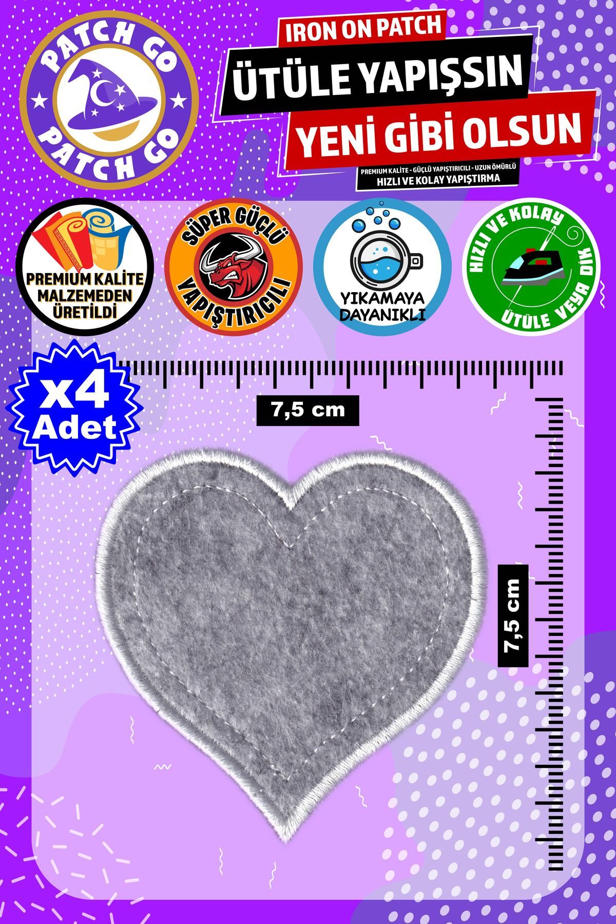 Patch Go Ütü ile Yapışan Arma, Gri Kalp (4 Adet), Ütüyle Yapışan Nakış Dokuma Yama Patch