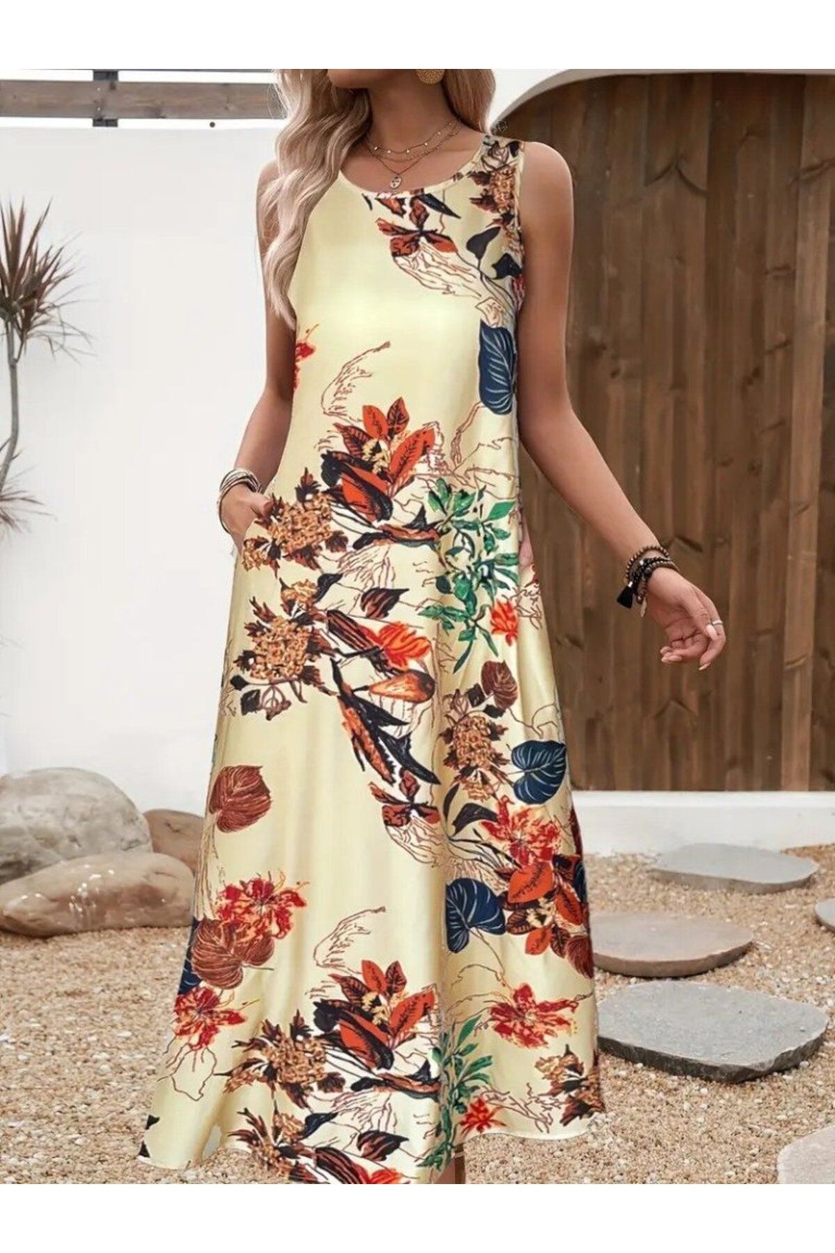 velmorafashion Kadın Askılı Yuvarlak Yaka Cepli Desenli Süprem Elbise