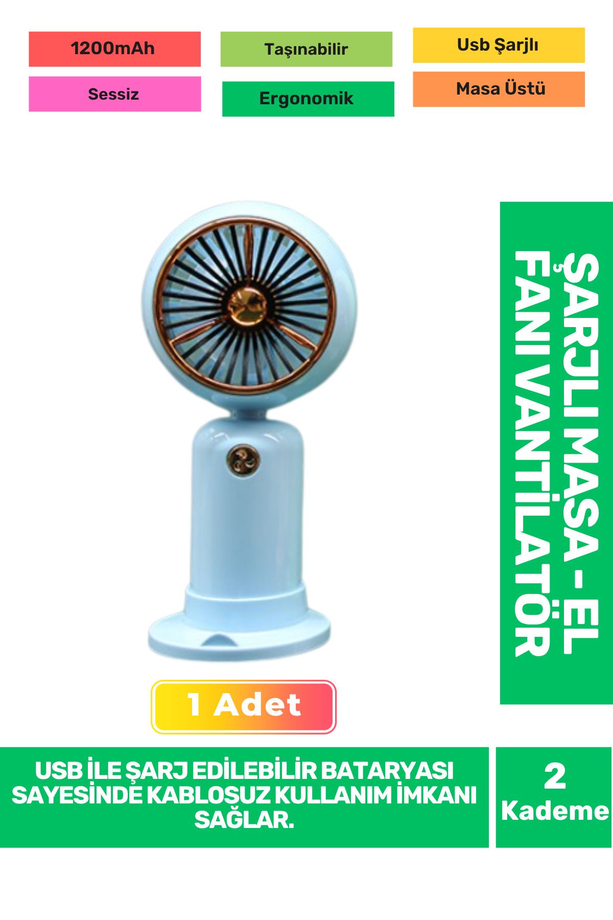 Fantazer Ultra Sessiz 2 Kademeli Hafif Kablosuz 1200mAh Pervane Taşınabilir Usb Şarjlı Masa El Fan Vantilatör