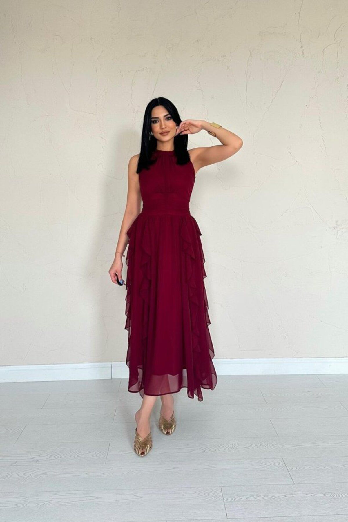 velmorafashion Bordo Önü Büzgülü Fırfırlı Elbise