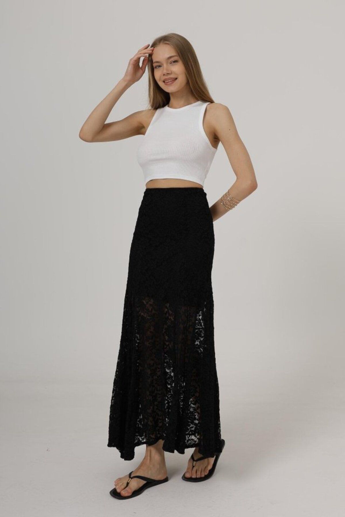 velmorafashion Bel Lastikli Dantel Etek - Siyah