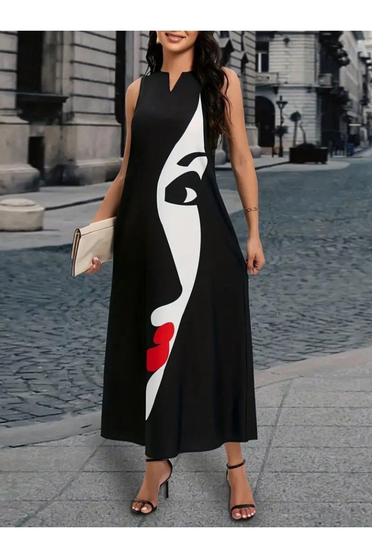 velmorafashion Kadın Sıfır Kol V Yakalı Kadın Yüz Desenli Süprem Elbise