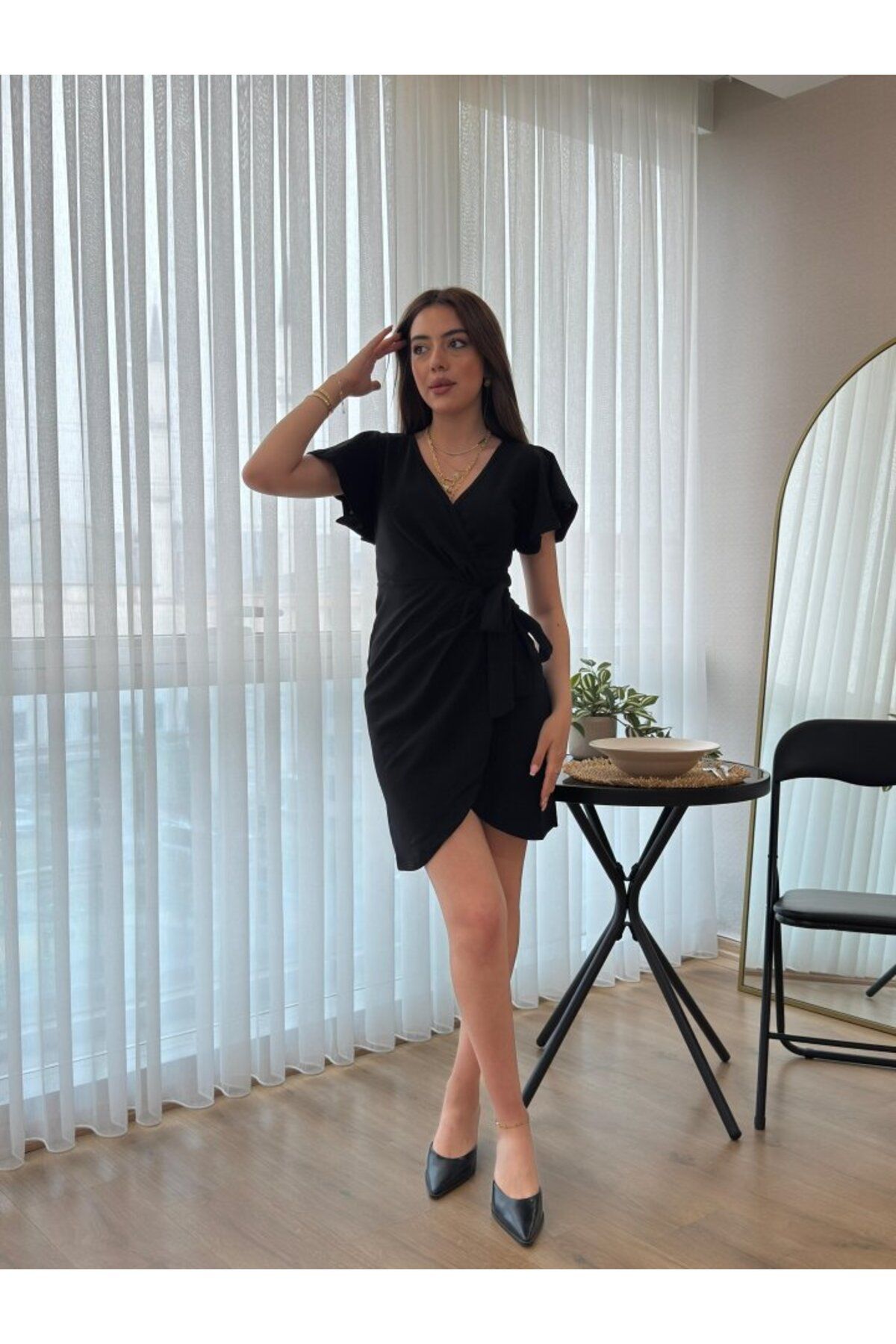 velmorafashion Kadın Kısa Kollu Kruvaze Yakalı Belden Bağlamalı Ithal Krep Elbise