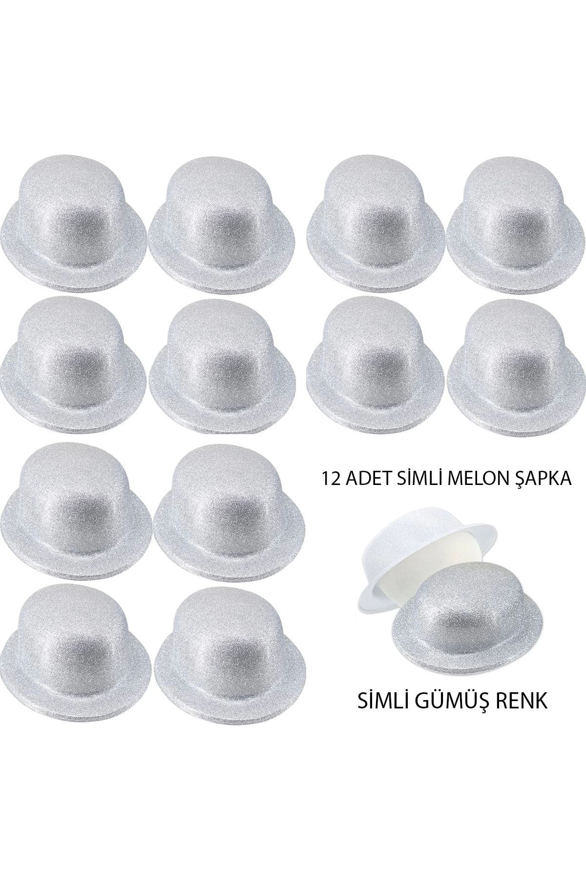 minaydan Gümüş Renk Simli Melon Yuvarlak Parti Şapkası 12 Adet