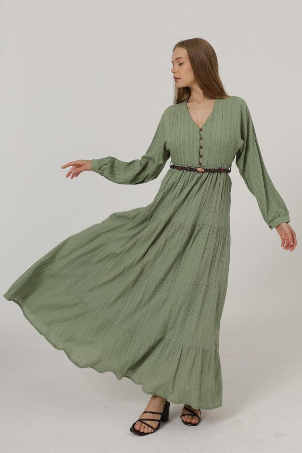 velmorafashion Önü Yarım Düğmeli Uzun Kol Kemerli Elbise - Haki
