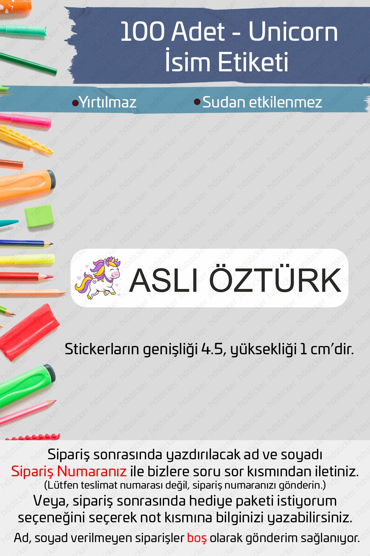 hdsticker 100 Adet Unicorn İsme Özel Okul Etiketi Kalem Defter Etiketi Özel İsim Yazılabilen Sticker P1