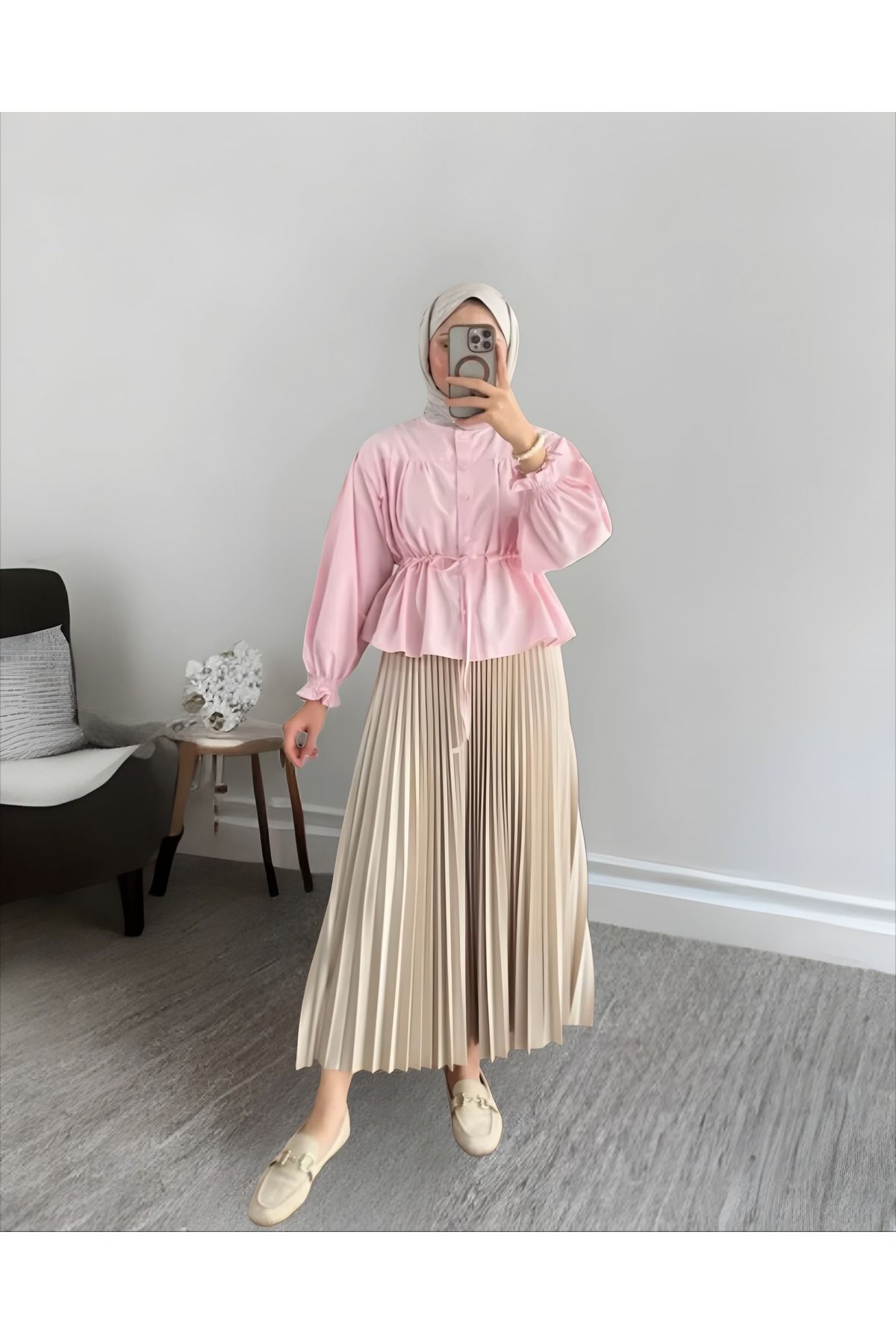 MODA Belden Büzgülü Gömlek Piliseli Etek Takım
