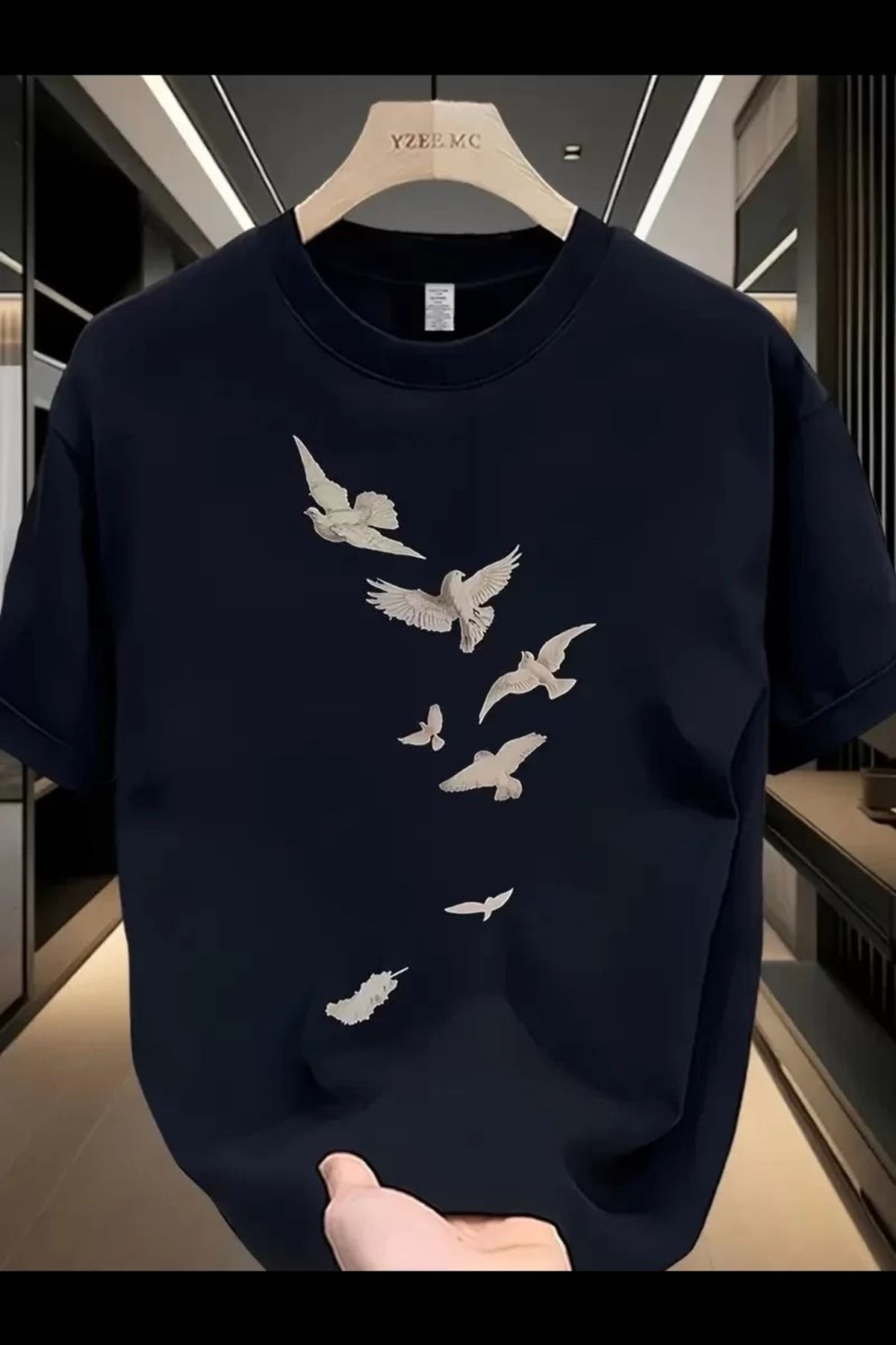 cakır and moniva Özgür kuşlar Baskılı Baskılı Oversize Bisiklet Yaka Erkek T-shirt