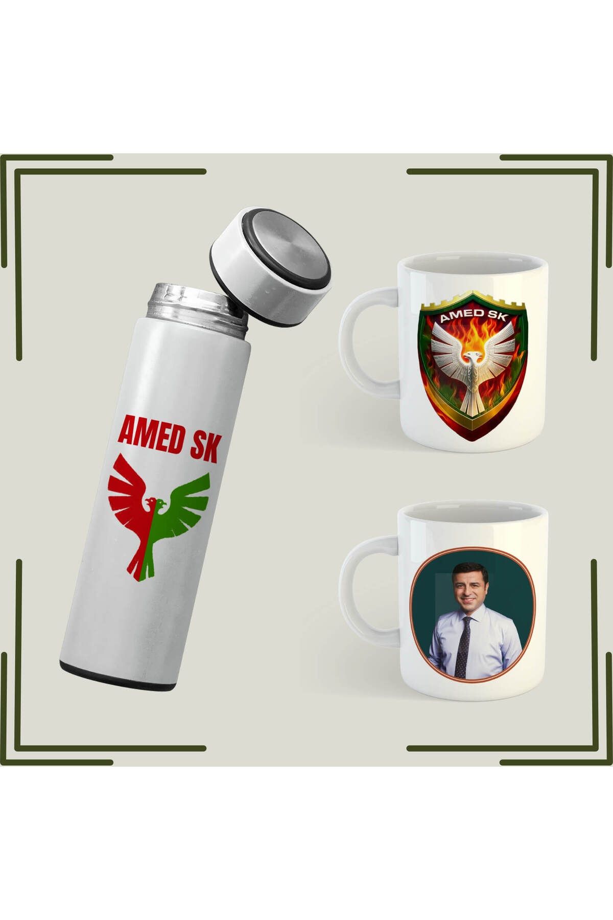 ZERYA Amedspor Tasarımlı Kupa ve Termos Seti - Selahattin Demirtaş Kupa Bardağı (2 KUPA 1 TERMOS)
