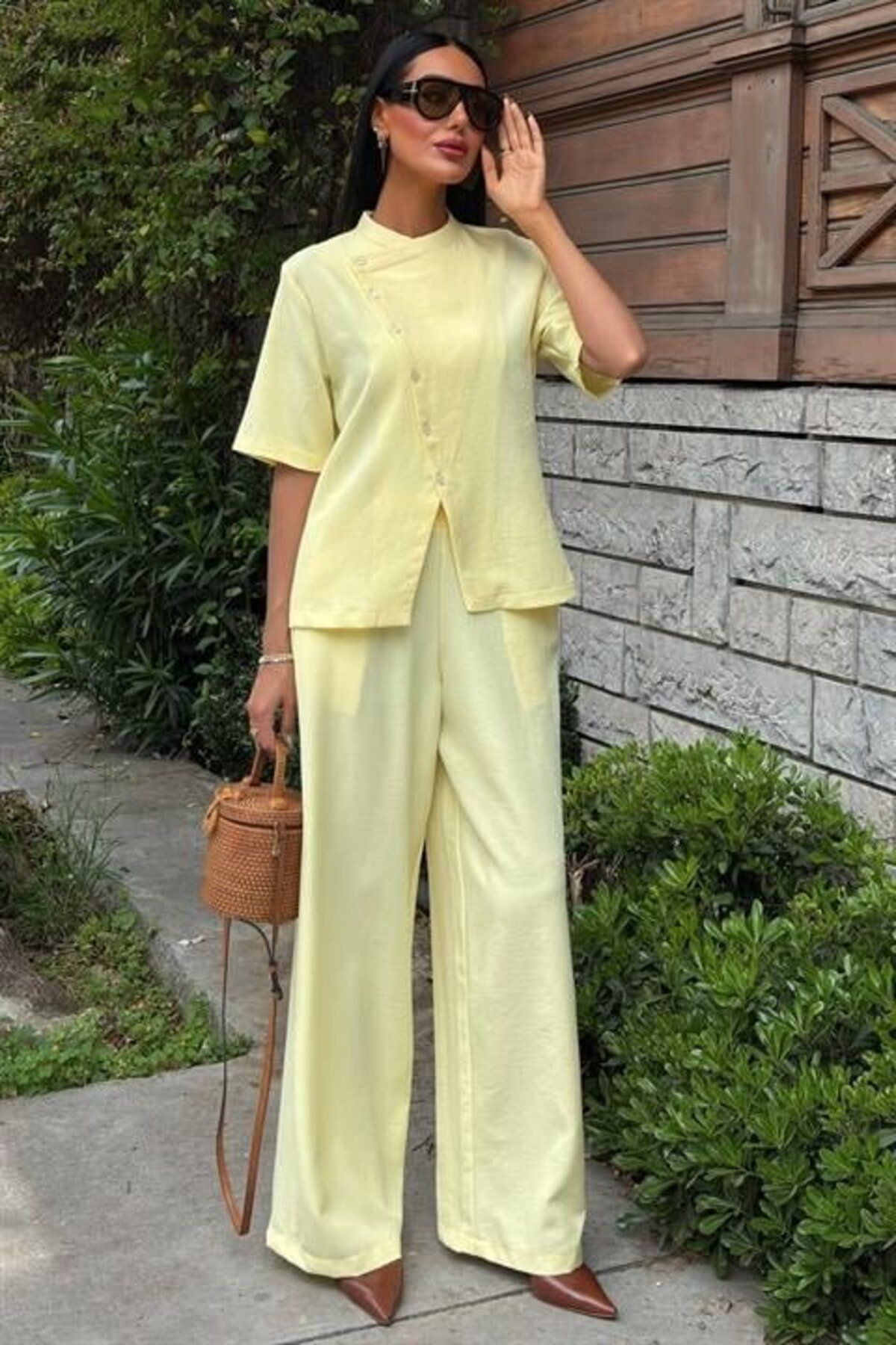 velmorafashion Hakim Yaka Çapraz Düğmeli Plazzo Pantolon Viscon Keten Takım 10209