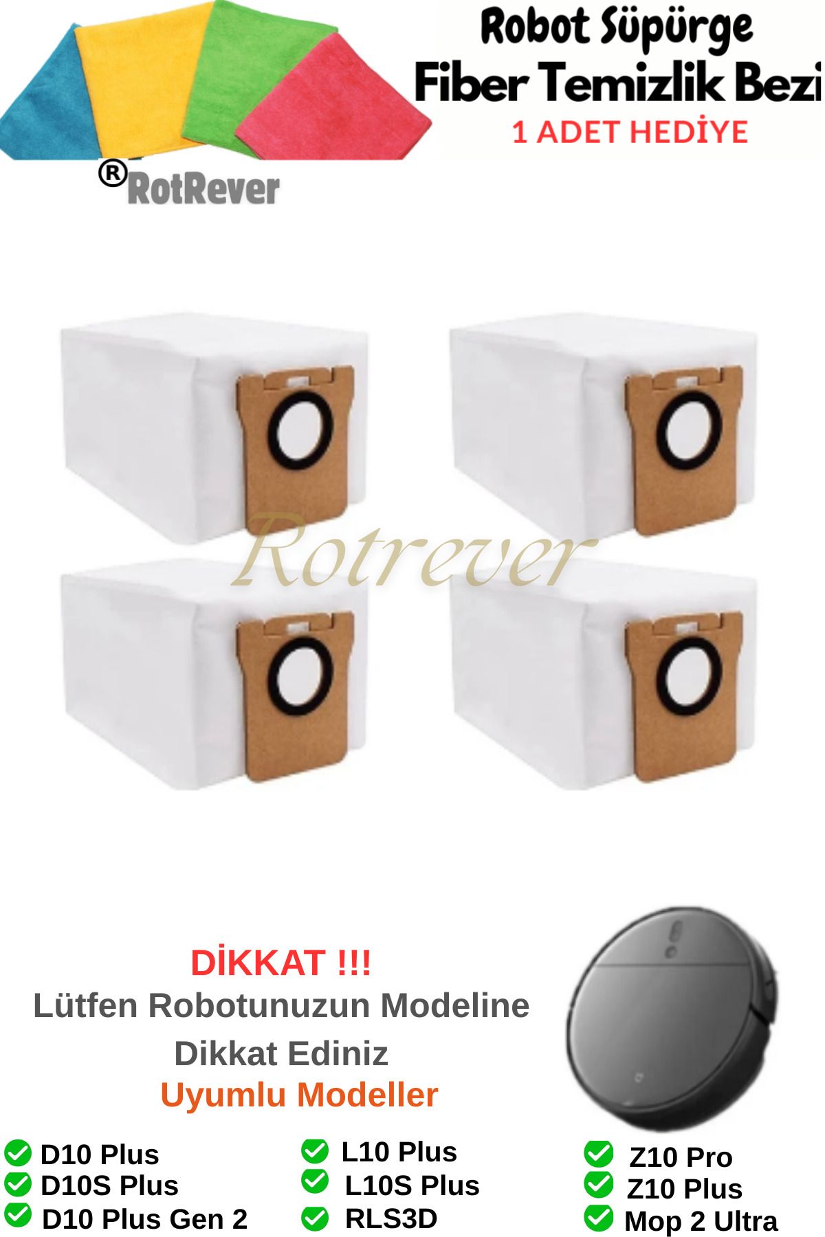 RotRever Dreame Bot D10+ Plus/D10S+ Plus/L10+ Plus / L10S+ Plus Uyumlu Toz Torbası Yedek Parça Set-4 Adet