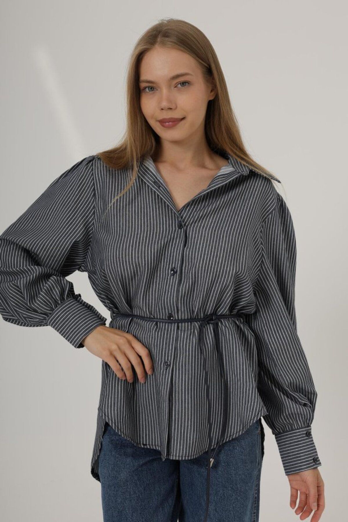 velmorafashion Simli Çizgili Kemerli Gömlek - Lacivert