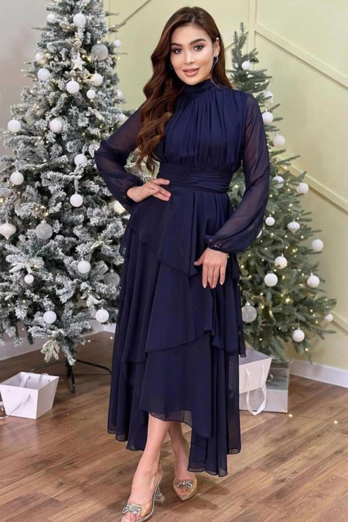 velmorafashion Lacivert Bel Detaylı Elbise