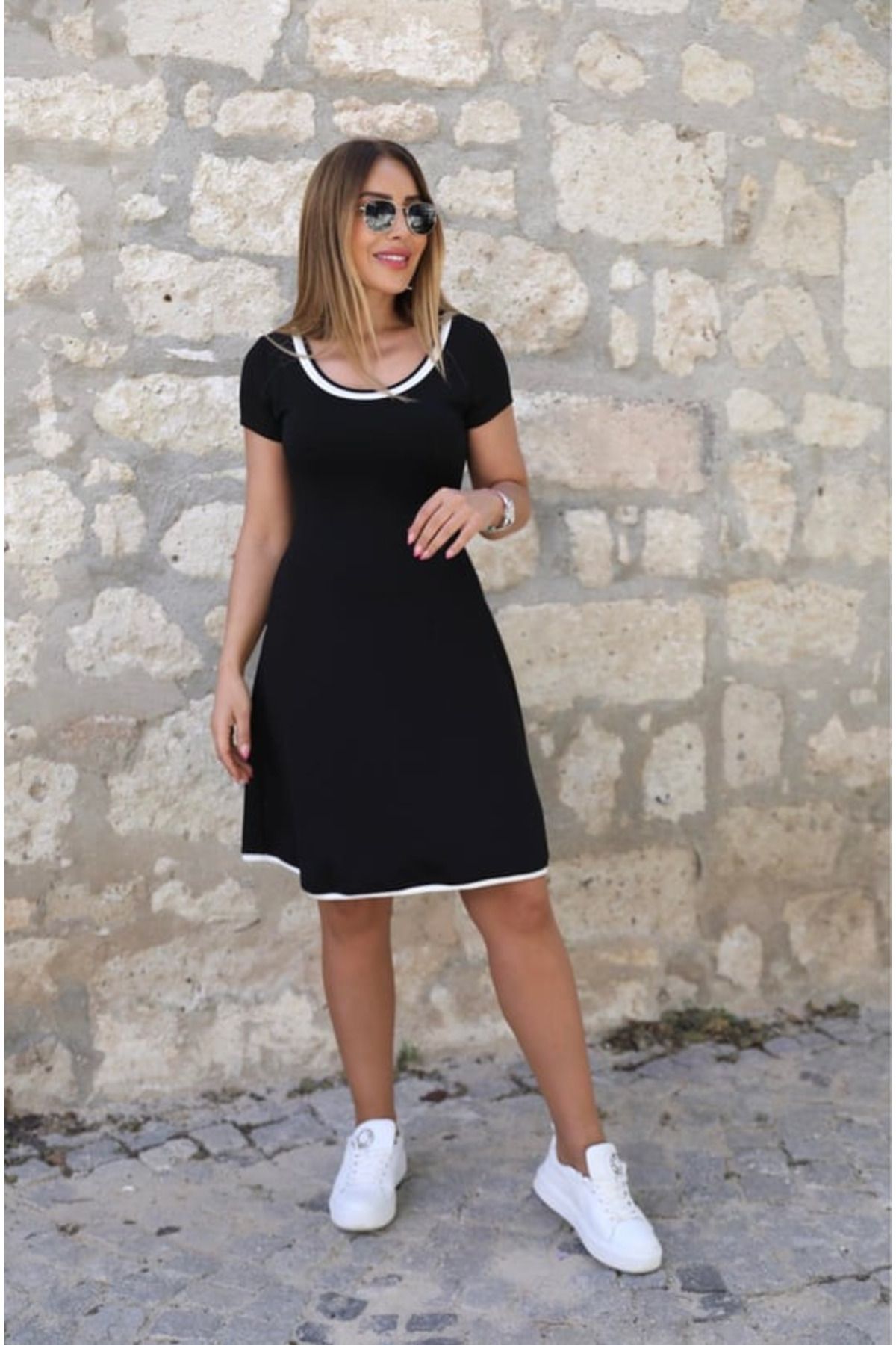 velmorafashion Kadın Kısa Kollu Geniş Yuvarlak Yaka Viskon Elbise