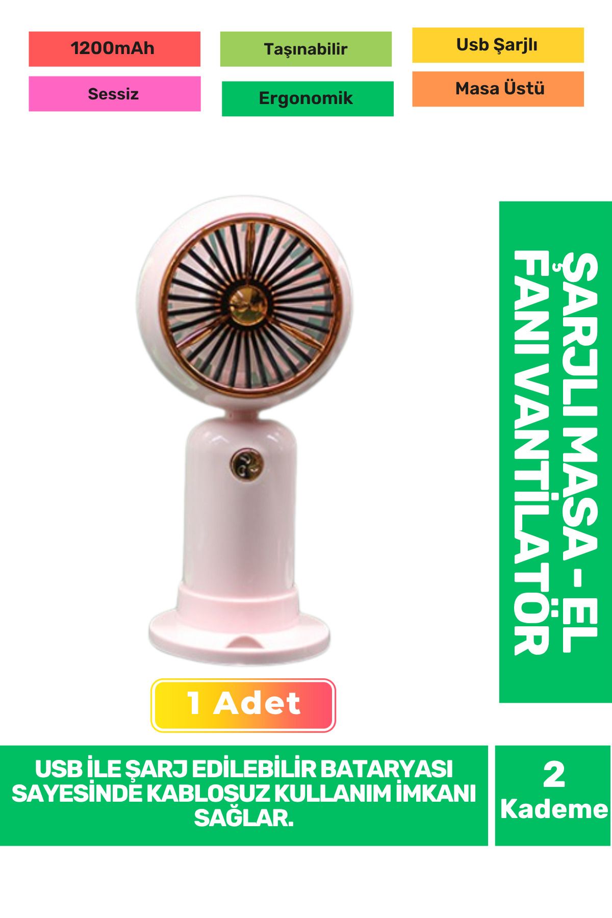 Fantazer Ultra Sessiz 2 Kademeli Hafif Kablosuz 1200mAh Pervane Taşınabilir Usb Şarjlı Masa El Fan Vantilatör