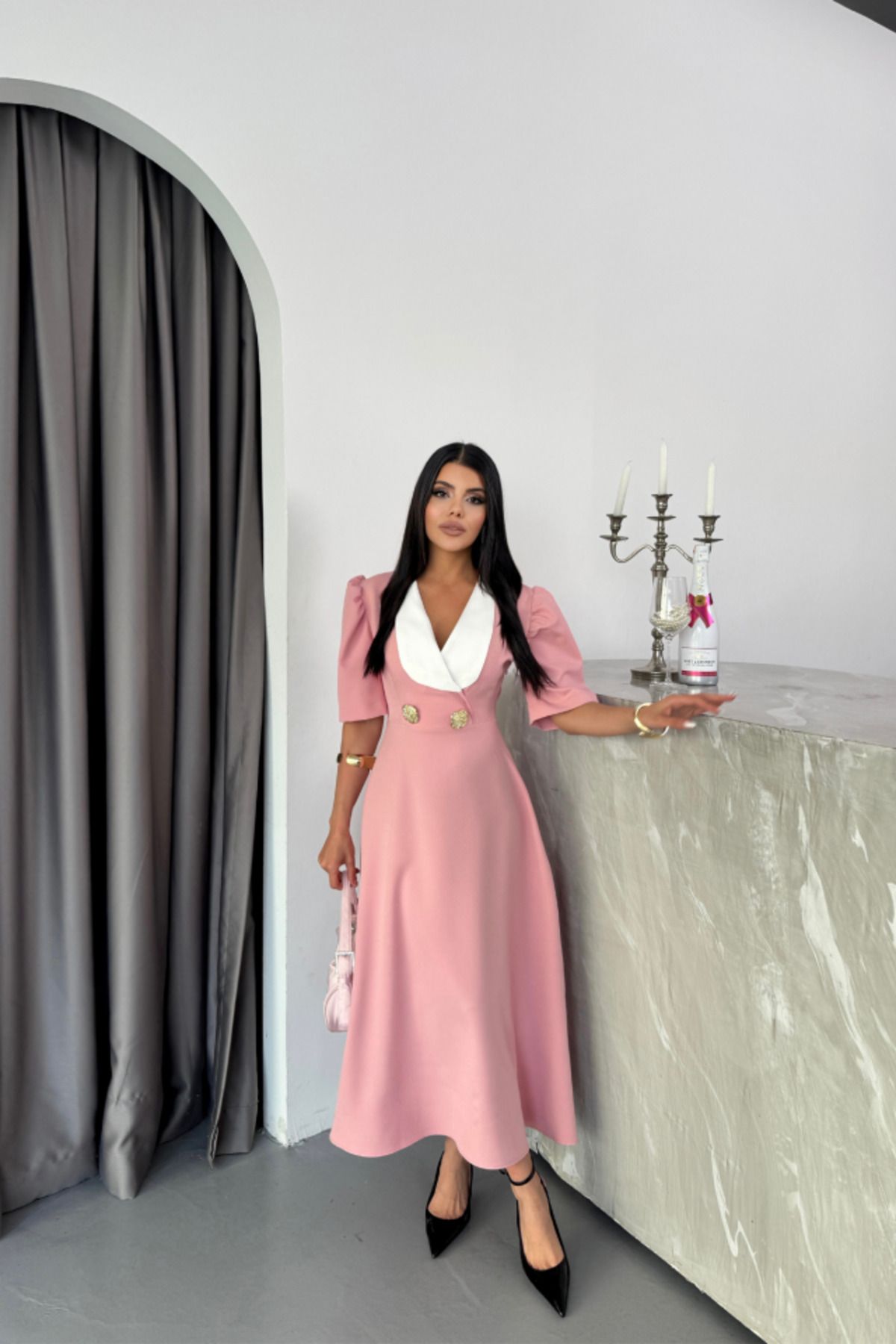 velmorafashion TASARIM ELBİSE CEKET YAKA GOLD DÜĞME DETAYLI KISA KOL - Pudra