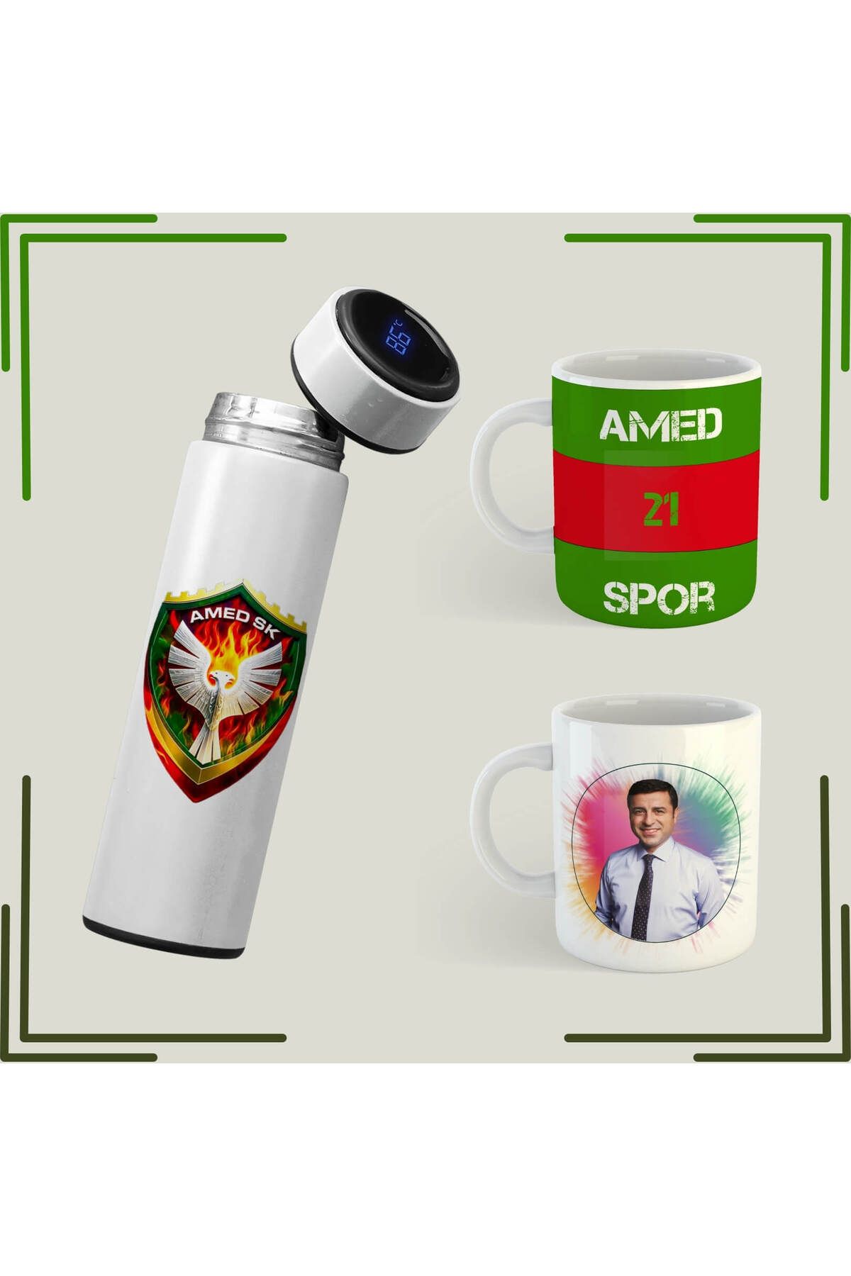 ZERYA Selahattin Demirtaş Resimli Kupa Bardak - Amedspor Tasarımlı Kupa ve Termos Seti (2 KUPA 1 TERMOS)
