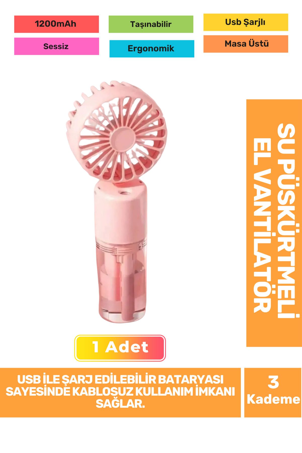 Fantazer Su Püskürtmeli Ultra Sessiz 3 Kademeli Hafif Kablosuz Taşınabilir Usb Şarjlı Masa El Fanı Vantilatör