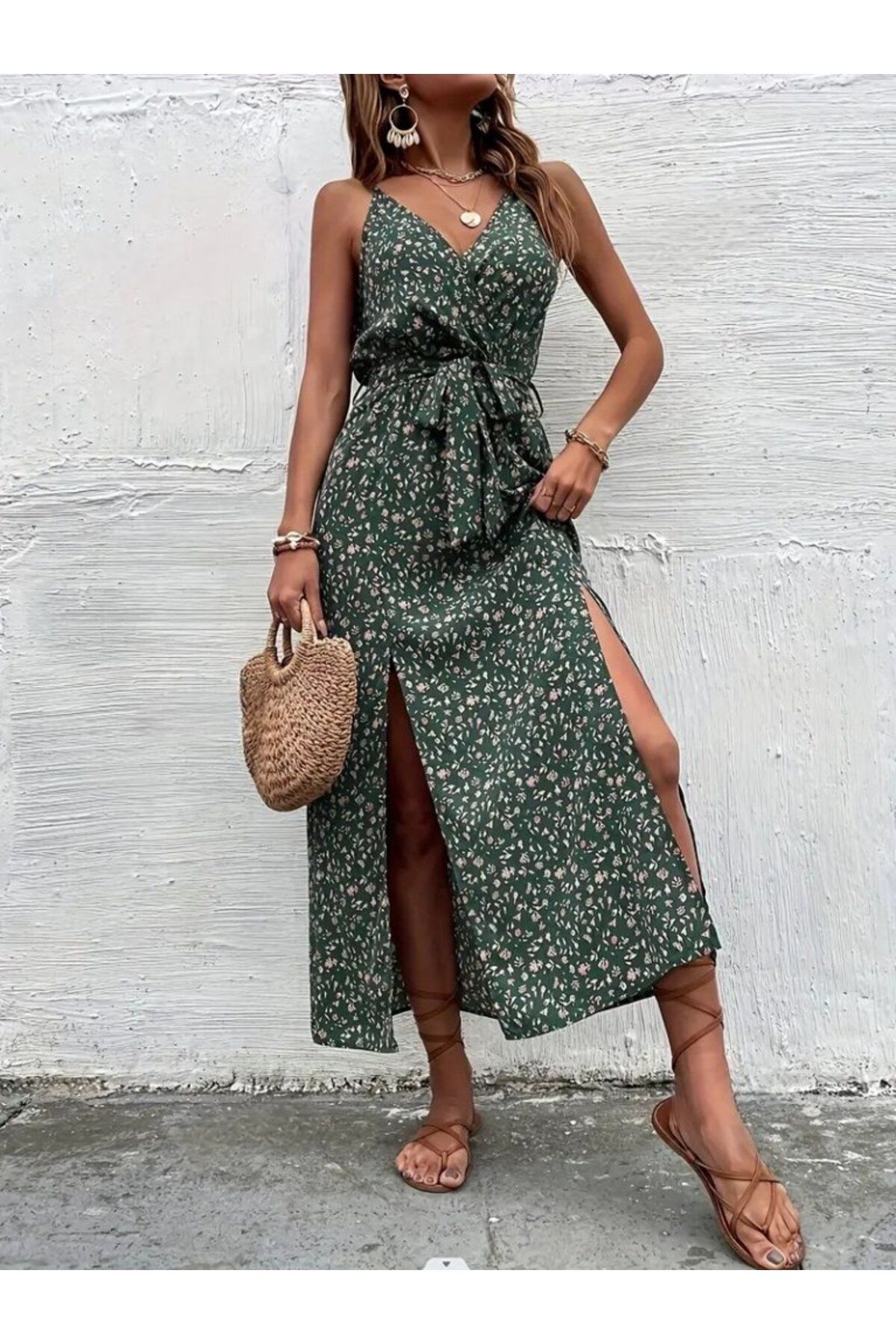 velmorafashion Kadın Ip Askılı Kruvaze Yakalı Yırtmaçlı Uzun Desenli Kuşaklı Süprem Elbise