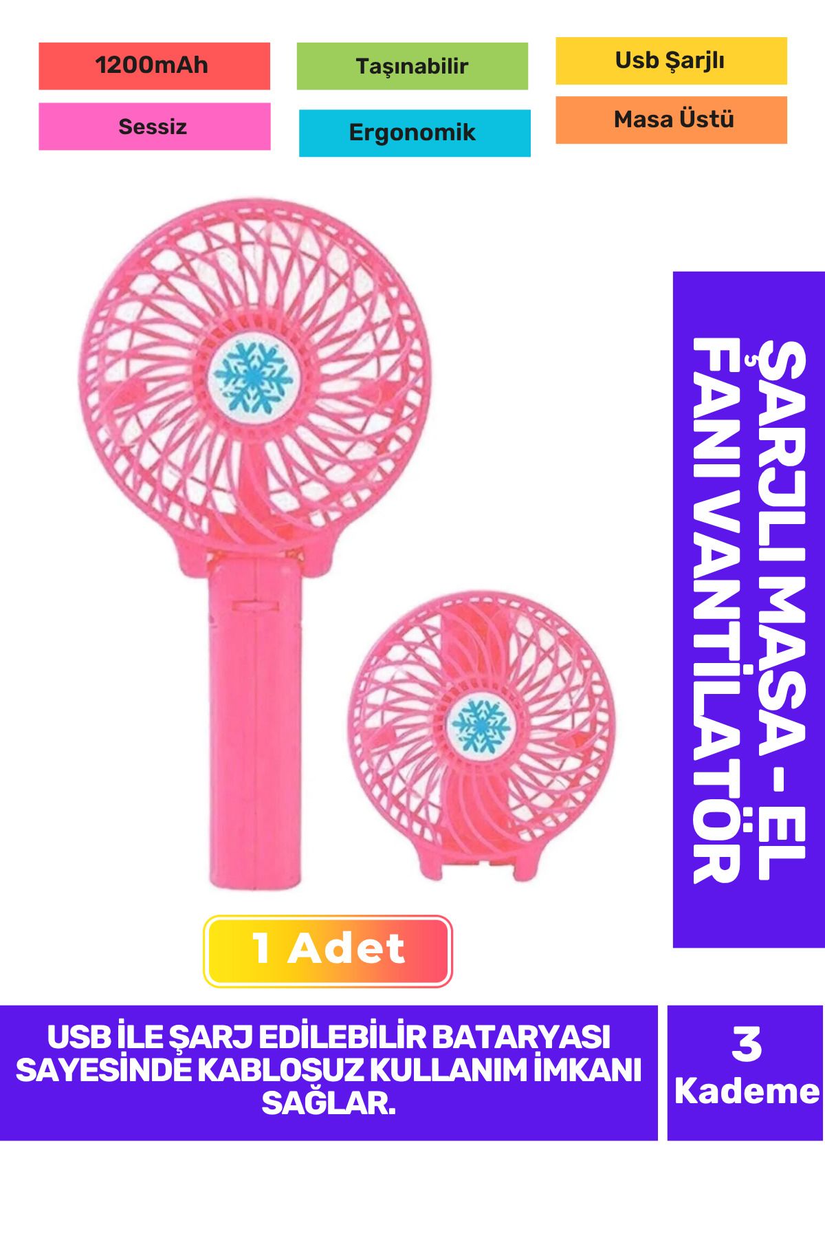 Fantazer Ultra Sessiz 3 Kademeli Hafif Kablosuz 1200mAh Pervaneli Taşınabilir Usb ŞarjlMasa El Fan Vantilatör