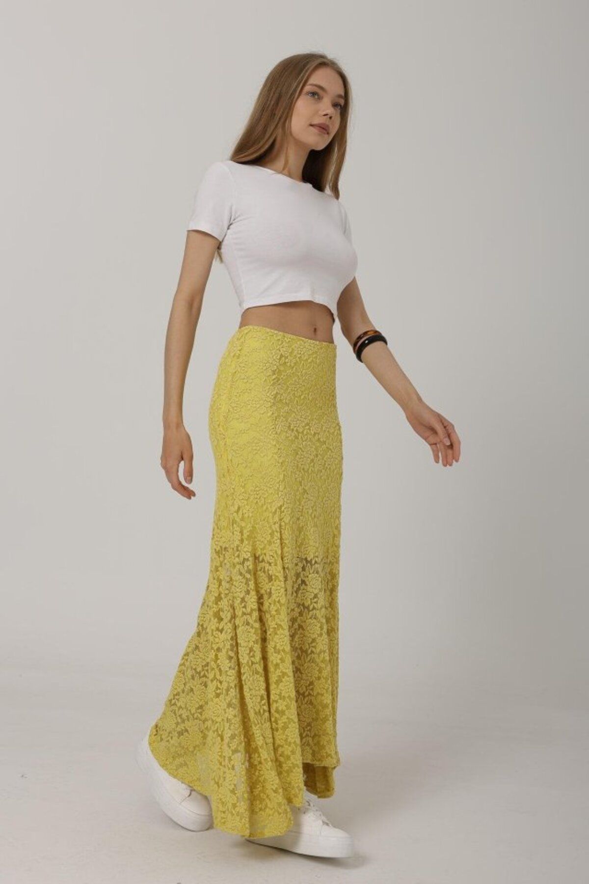 velmorafashion Bel Lastikli Dantel Etek - Sarı