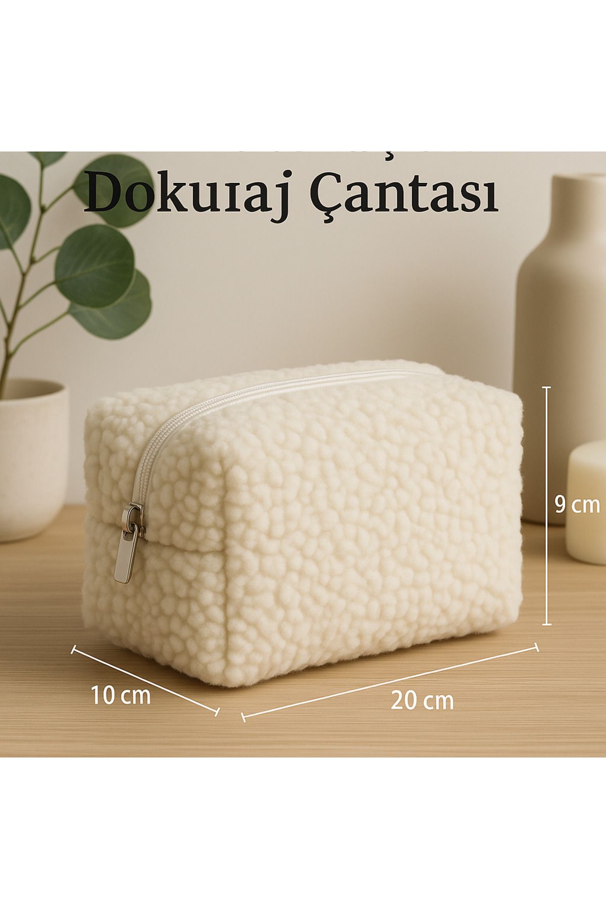 YILDIZ DİJİTAL HOME Büyük Boy Krem Peluş Makyaj Çantası - Yumuşak & Fermuarlı Organizer | Star Home’s