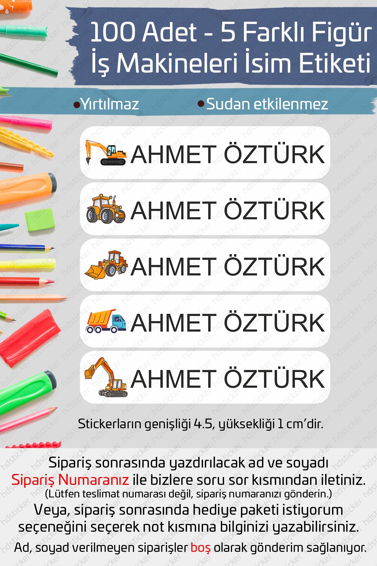hdsticker 100 Adet İş Makineleri İsme Özel Okul Etiketi Kalem Defter Özel İsim Yazılabilen Sticker P1