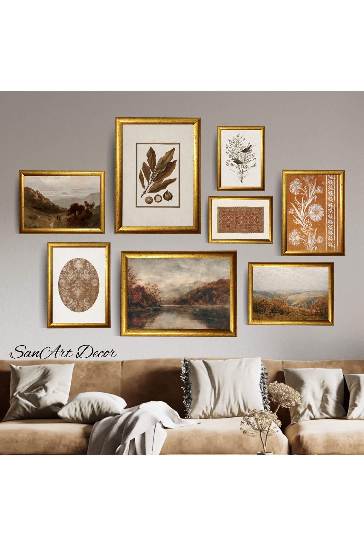 Sanart Yağlı Boya Tablo Seti, Vintage Tablo, 8 Parça Çerçeveli Tablo, Sanatsal Dekor, Retro Tablolar