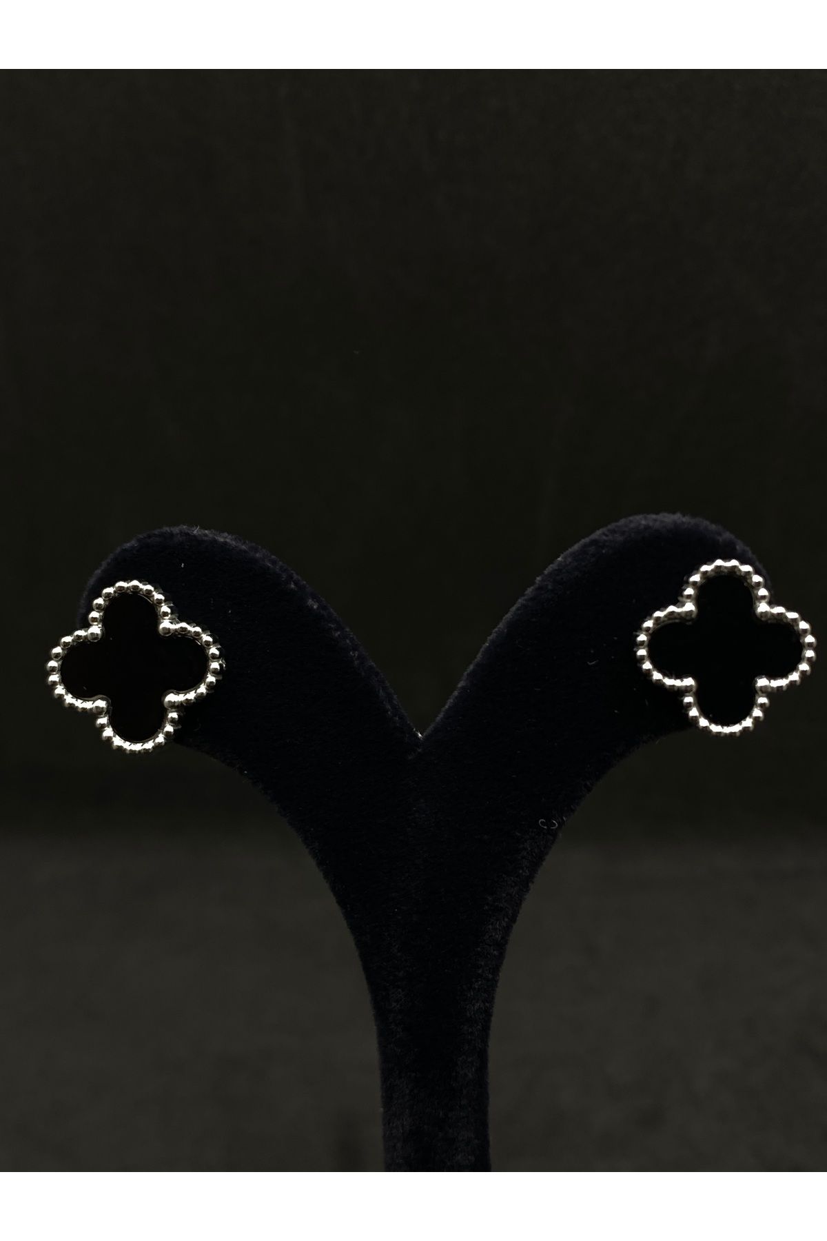 Jiji Jewelery Van Cleef Siyah Yonca Model Mineli Gümüş Renk Paslanmaz Çelik Küpe