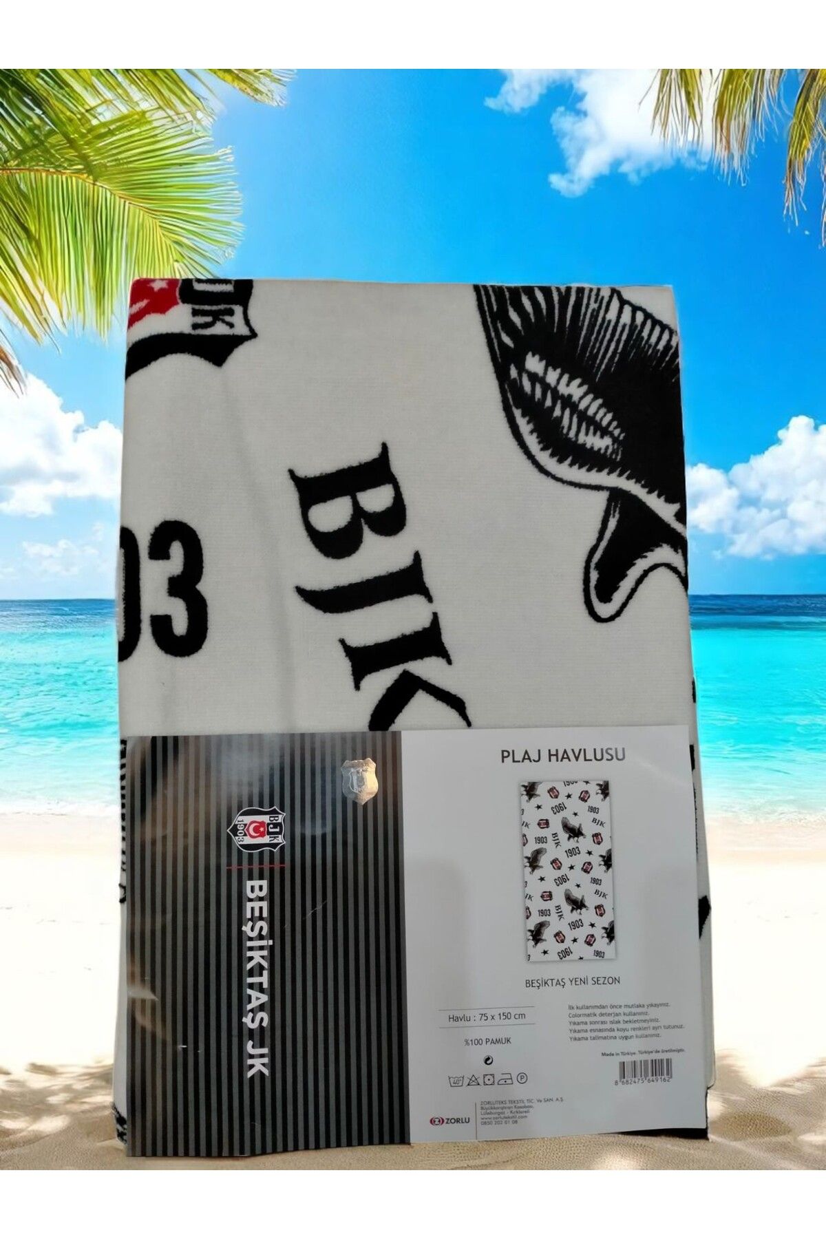 Beşiktaş Lisanslı Bandrollü Plaj Havlusu – %100 Pamuk, 75×150 cm Taraftar Keyfi