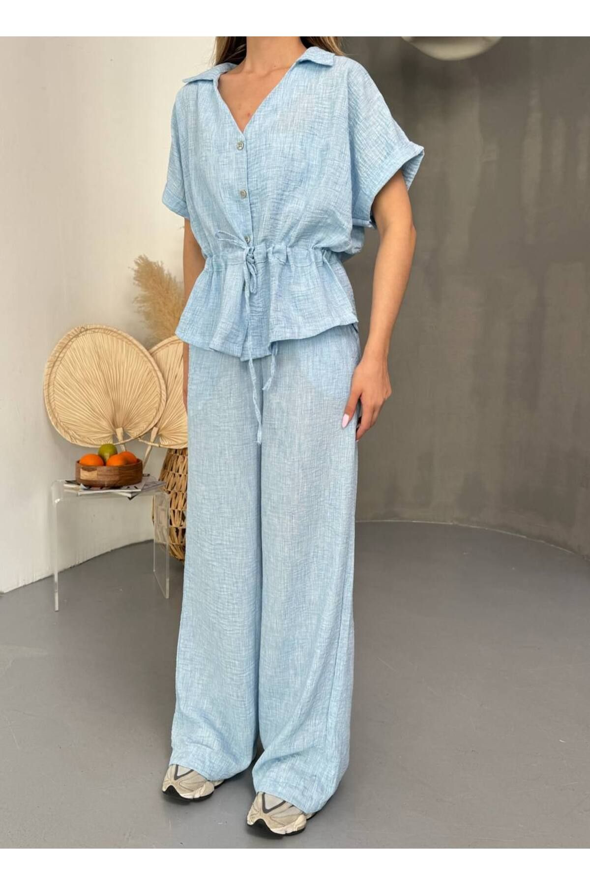 Castivo Fashion Düğmeli Gömlek ve Keten Görünümlü Pantolon Takım