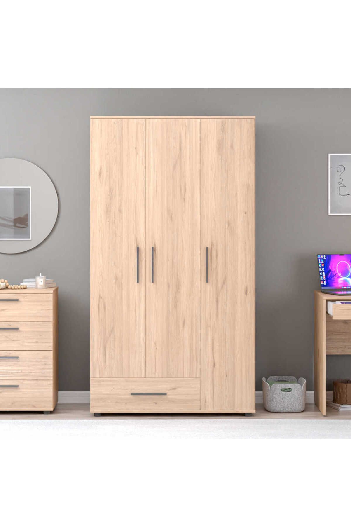 Adore Mobilya Trendline 3 Kapaklı Tek Çekmeceli Gardırop - Florida Meşe 103x187x52 cm