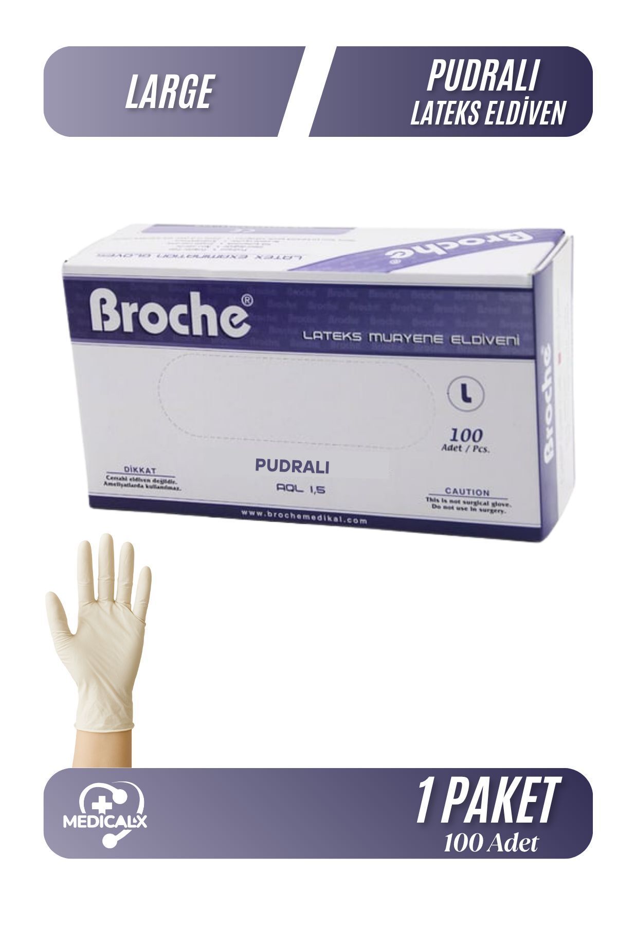 Medicalx Broche Lateks Pudralı Muayene Eldiveni 100 lü Paket - Large