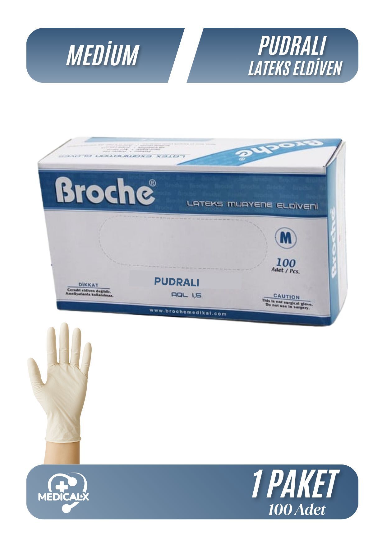 Medicalx Broche Lateks Pudralı Muayene Eldiveni 100 lü Paket - Medium