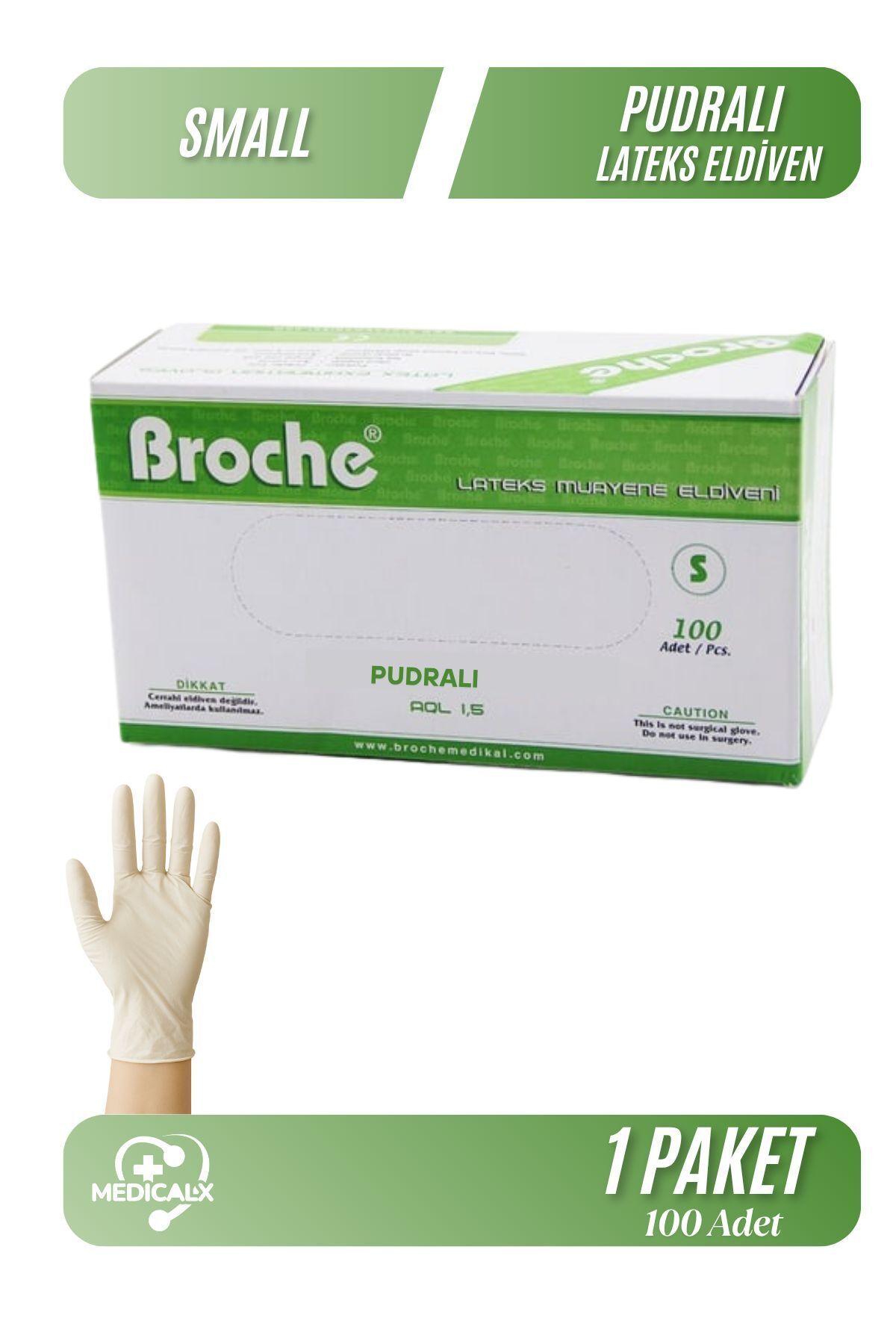 Medicalx Broche Lateks Pudralı Muayene Eldiveni 100 lü Paket - Small