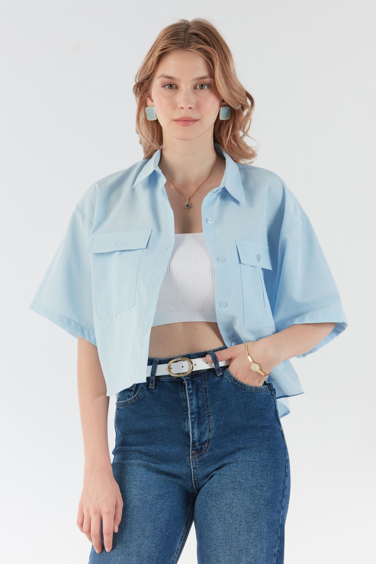 Fulla Moda Basic Çift Cepli Arkası Uzun Crop Gömlek